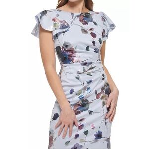 JESSICA HOWARD Light Blue Floral Sheath Dress with Ruffle Cap Sleeves